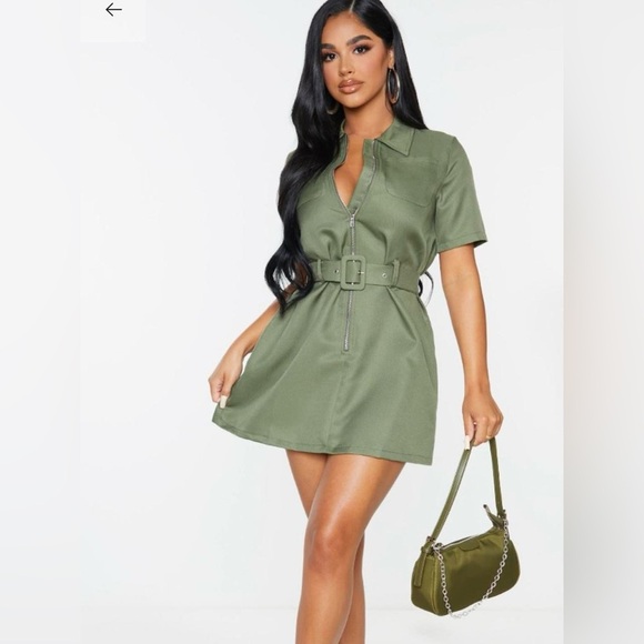 Pretty Little Thing PETITE Khaki Zip Detail Belted Dress - Picture 1 of 5